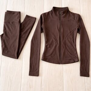 Chocolate Brown Matching Workout Set | Zip Up Jacket & High-Waisted Leggings